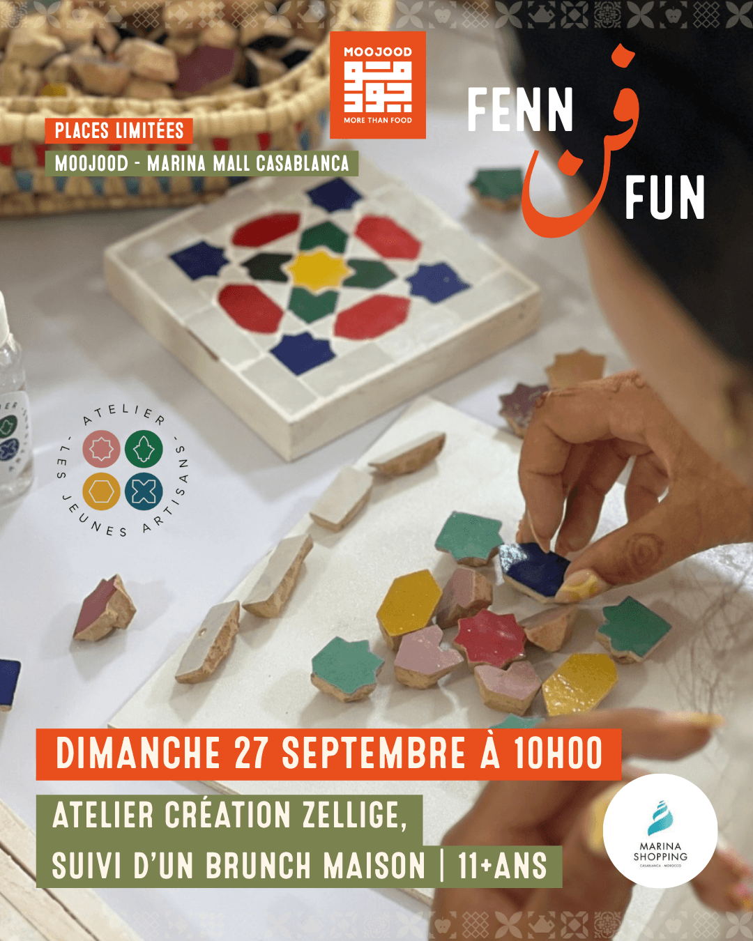 Fenn & Fun 11+ visual: hands arranging colourful zellige tiles. Sunday 27 September at 10 am, zellige workshop followed by a homemade brunch.