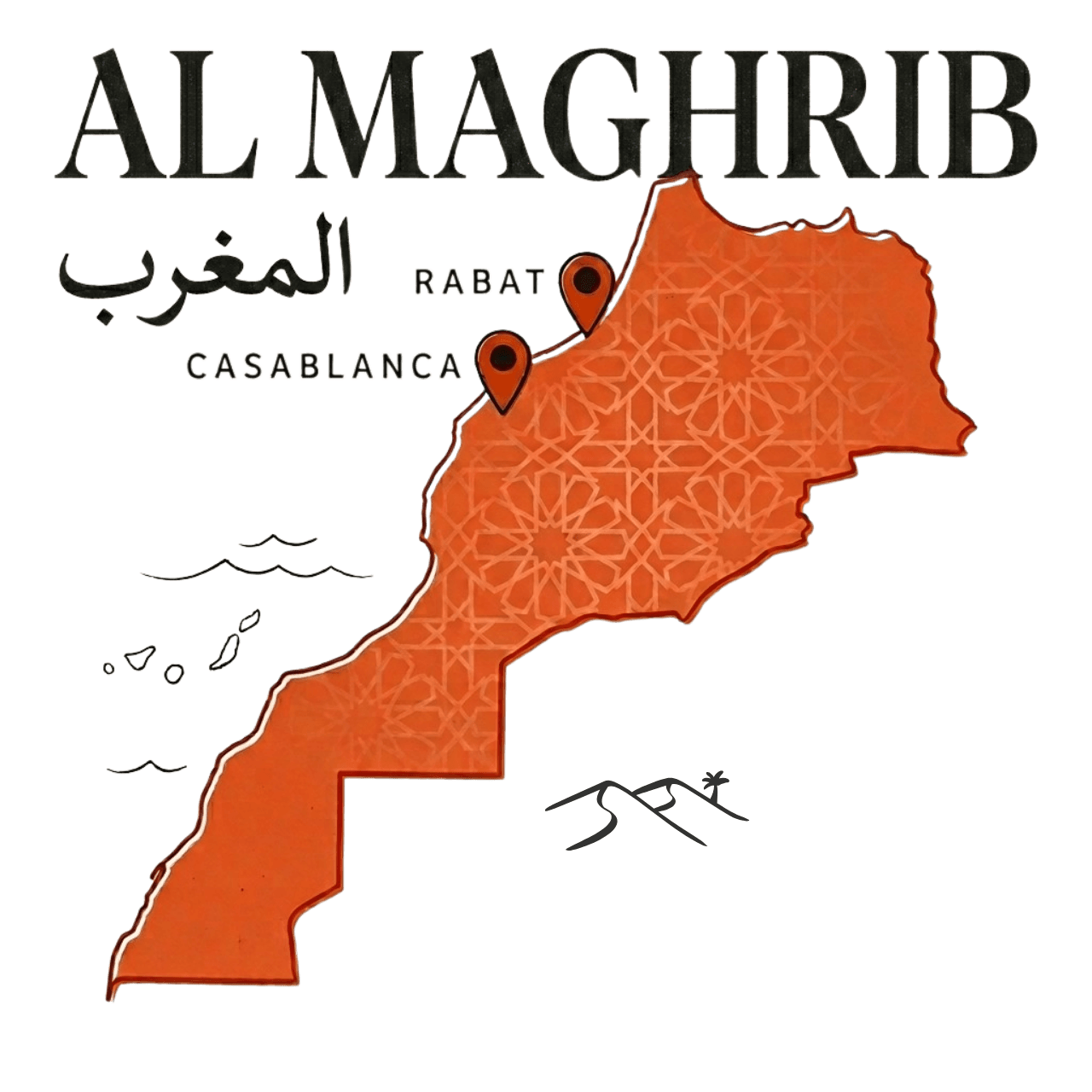 Carte stylisée du Maroc — Al Maghrib — avec deux repères sur Casablanca et Rabat, motif zellige orange terracotta.