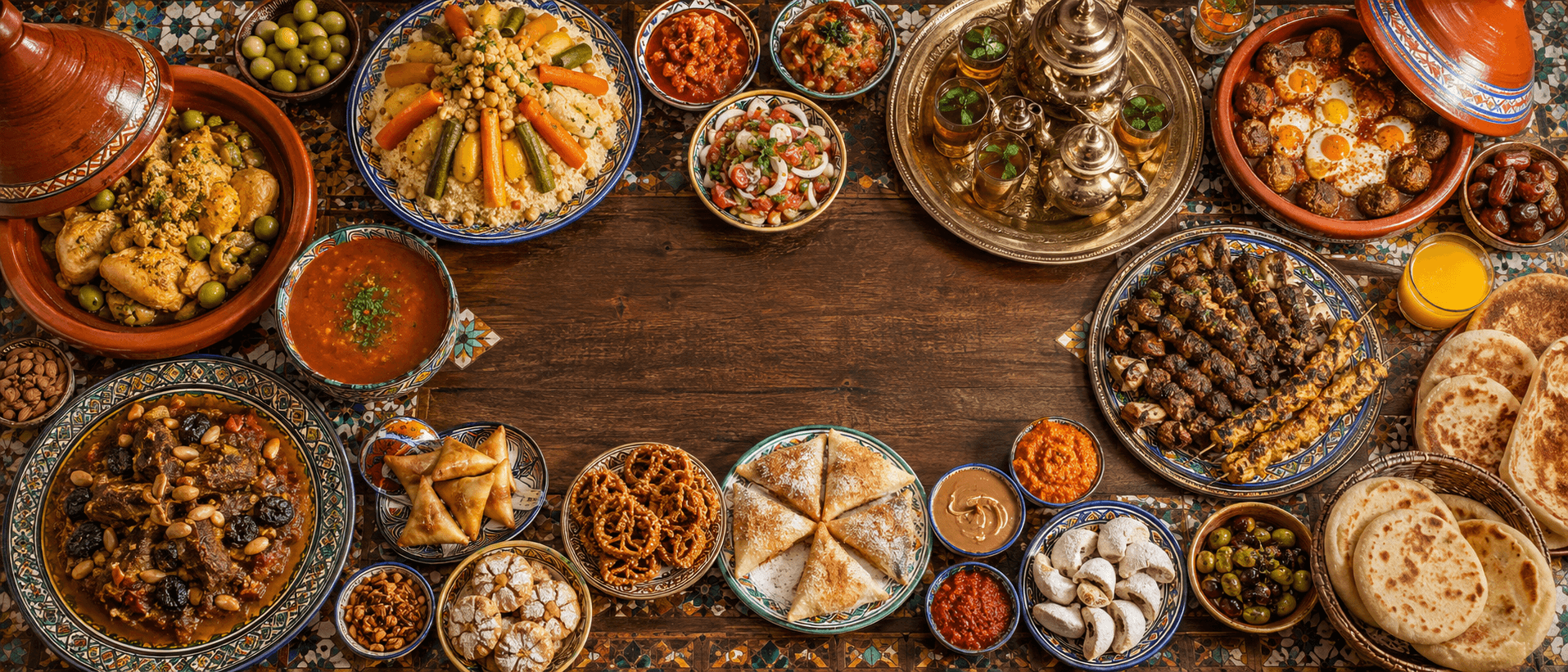 Grande tablée marocaine vue du dessus — tajines, soupes, pâtisseries et pains.
